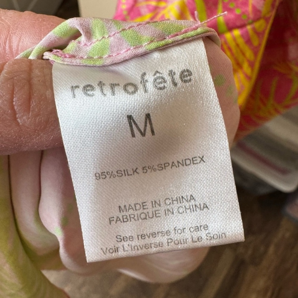 Retrofete Ariella Pink and Green Tropical Silk Mini Dress - Picture 12 of 13
